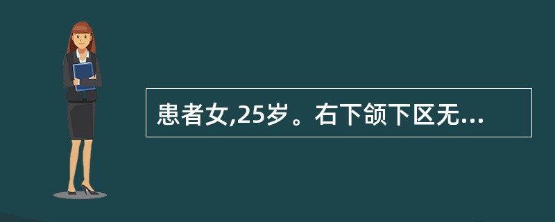 患者女,25岁。右下颌下区无痛性肿块发现10余年。肿块生长缓慢,压缩感(£«),