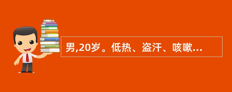 男,20岁。低热、盗汗、咳嗽、咳血痰1个月。胸片示右上肺小片状浸润影,密度不均。