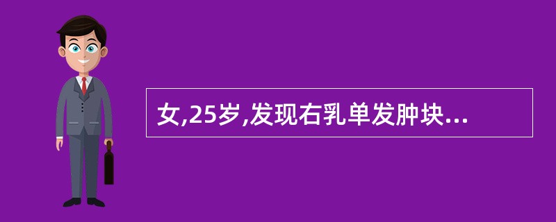 女,25岁,发现右乳单发肿块2年,边界清楚,表面光滑,肿块活动度大,2年来肿块无