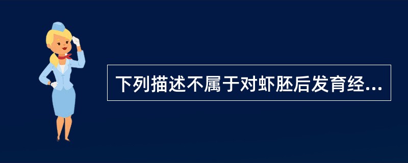 下列描述不属于对虾胚后发育经历的阶段的是()A、无节幼虫B、蚤状幼虫C、糠虾D、