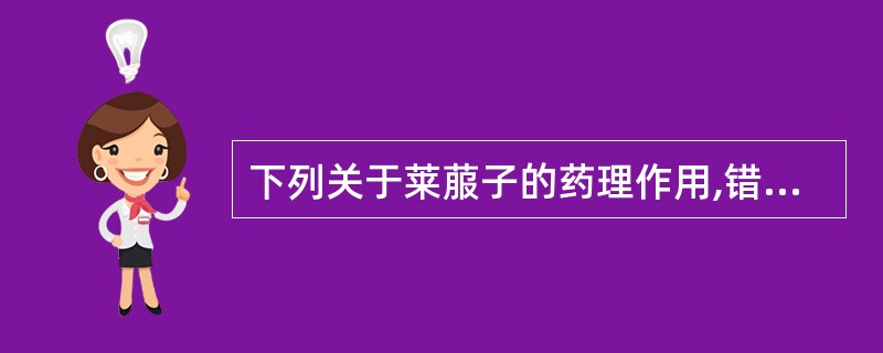 下列关于莱菔子的药理作用,错误的是A、收缩平滑肌B、镇咳C、祛痰D、升高血压E、