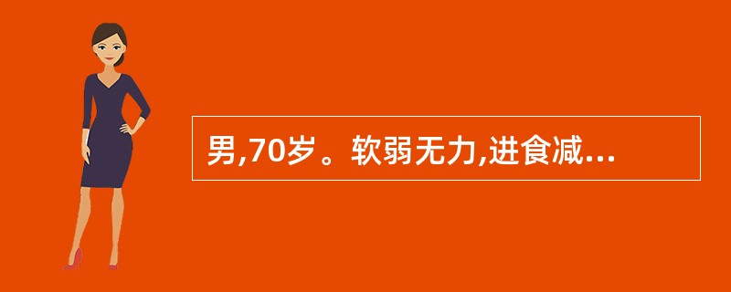 男,70岁。软弱无力,进食减少,口渴、多尿2周,近2天嗜睡。急诊检查:血压70£