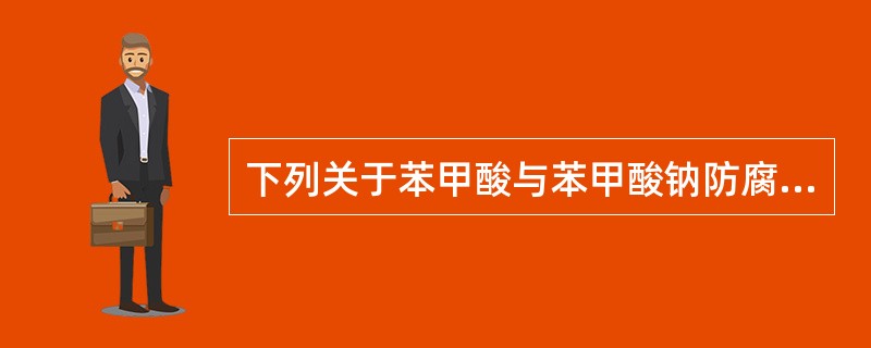 下列关于苯甲酸与苯甲酸钠防腐剂的表述中,错误的是A、在酸性条件下抑菌效果较好,最