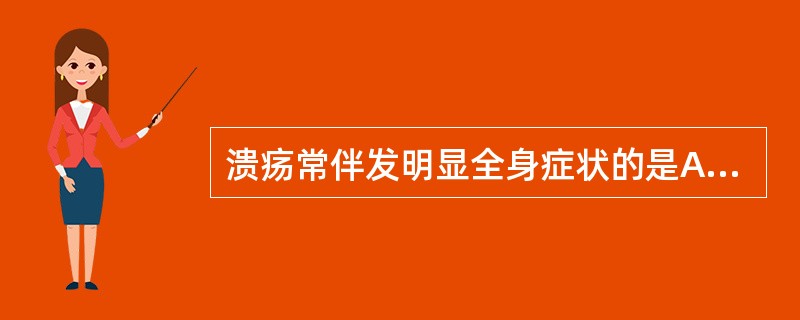 溃疡常伴发明显全身症状的是A、炎症性溃疡B、坏疽性溃疡C、水肿性溃疡D、蕈状溃疡