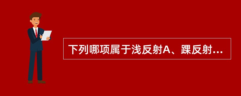 下列哪项属于浅反射A、踝反射B、桡骨骨膜反射C、肱二头肌反射D、提睾反射E、膝反