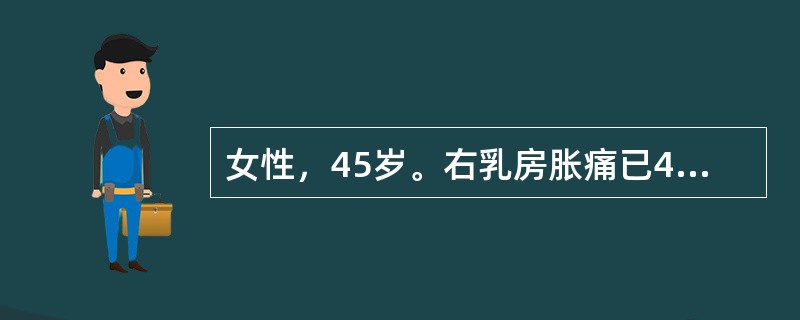 女性，45岁。右乳房胀痛已4年余，月经前显著，行经后胀痛缓解，近期症状加重，月经