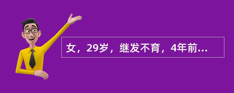 女，29岁，继发不育，4年前人工流产1次，现有痛经及性交痛。妇科检查：子宫后位固