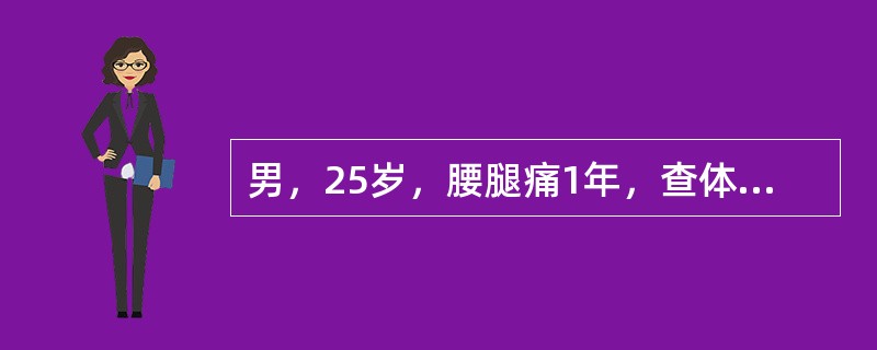 男，25岁，腰腿痛1年，查体脊柱侧凸，直腿抬高试验及加强试验阳性，右大足趾背伸力