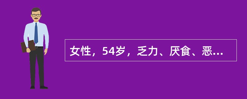 女性，54岁，乏力、厌食、恶心1个月余，心悸伴少尿1周。体检：贫血面容，消瘦，血