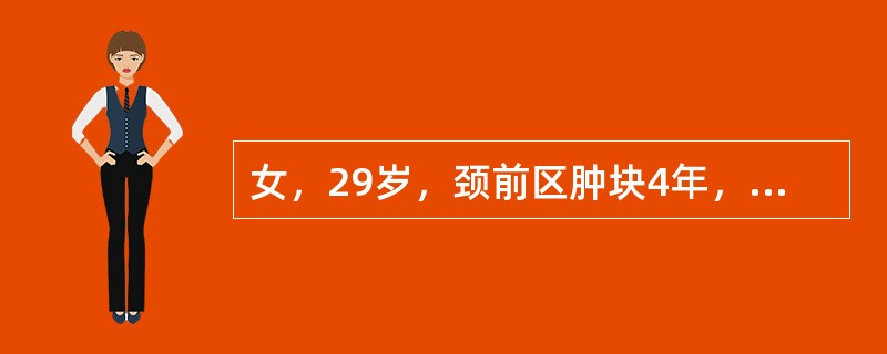 女，29岁，颈前区肿块4年，近年来易出汗、心悸，渐感呼吸困难。体检：晨起心率10