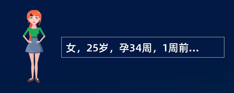 女，25岁，孕34周，1周前开始有些乏力，食欲差，3天前病情加重，伴呕吐，巩膜发