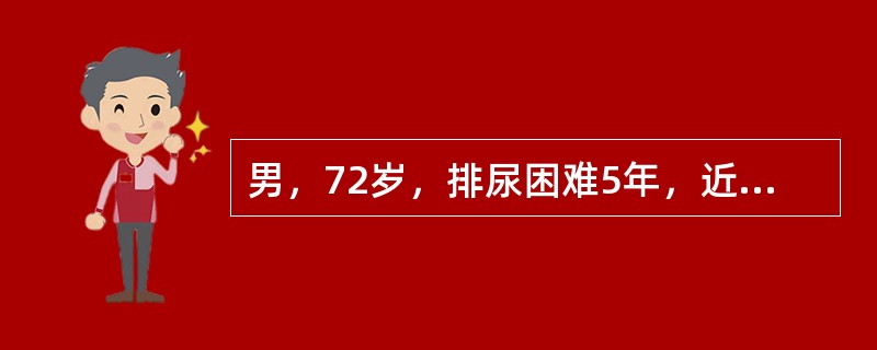 男，72岁，排尿困难5年，近2个月加重伴食欲不振。直肠指诊前列腺明显增大5cm×