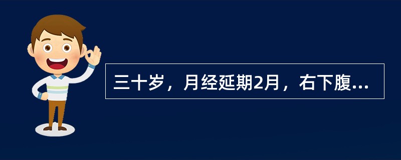 三十岁，月经延期2月，右下腹痛及不规则阴道流血20天，停经40天时突起右下腹痛，