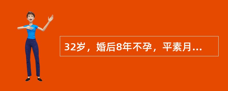 32岁，婚后8年不孕，平素月经6～7/30天，停经60天，阴道不规则出血伴左下腹