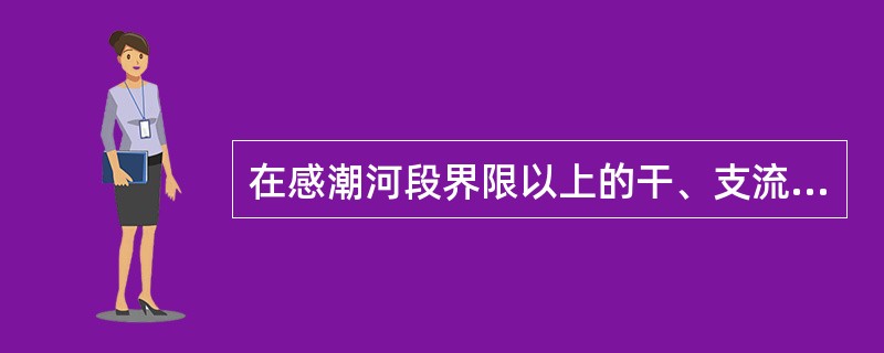 在感潮河段界限以上的干、支流交汇水域，一艘在干流上下行显示桅灯、舷灯、尾灯的甲船