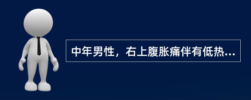 中年男性，右上腹胀痛伴有低热，肝区轻叩痛，肝肋下3cm。超声见右叶有一4cm×6
