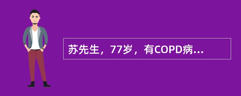 苏先生，77岁，有COPD病史25年。近日受凉后咳嗽加重，咳大量脓性黏痰，不易咳