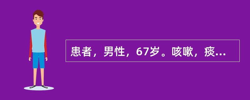 患者，男性，67岁。咳嗽，痰中带血丝2个月，发热10天，胸片显示右肺上叶片状阴影