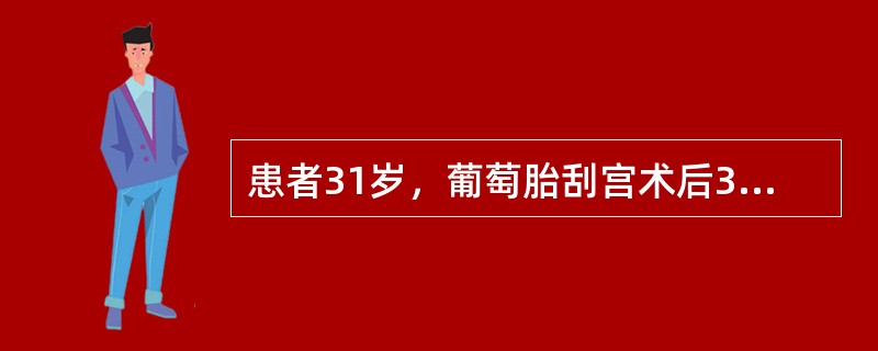 患者31岁，葡萄胎刮宫术后3个月，阴道流血20余天，术后一直无月经来潮。2天前突