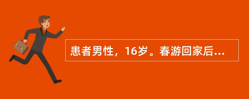 患者男性，16岁。春游回家后感头痛、发热，伴恶心、呕吐。查体：神志不清，全身散在