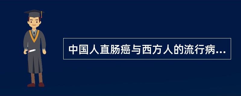 中国人直肠癌与西方人的流行病学区别主要是（）。