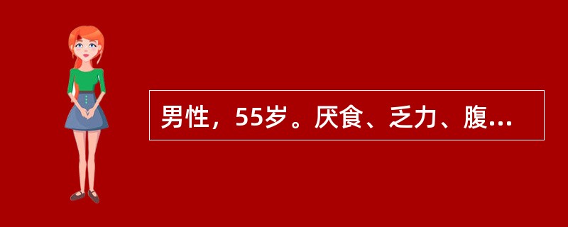 男性，55岁。厌食、乏力、腹胀2个月。5小时前突然呕吐鲜血3次，总量约900ml