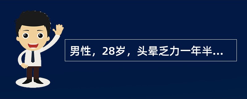 男性，28岁，头晕乏力一年半，皮肤散在出血点，血象Hb65g/L，RBC2×10