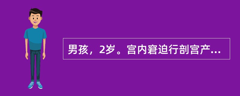 男孩，2岁。宫内窘迫行剖宫产娩出。出生时苍白窒息，出生体重为3．5kg。生后6个