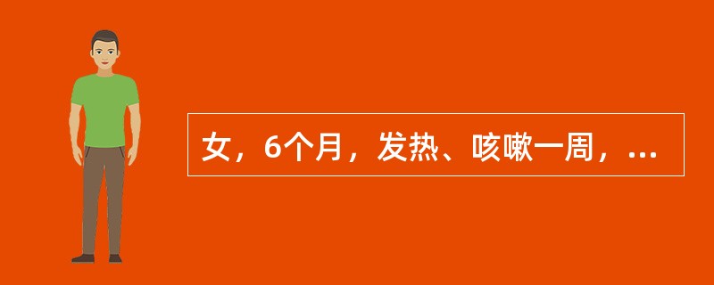 女，6个月，发热、咳嗽一周，烦躁，惊厥一次。查体：体温39℃，呼吸50／min，