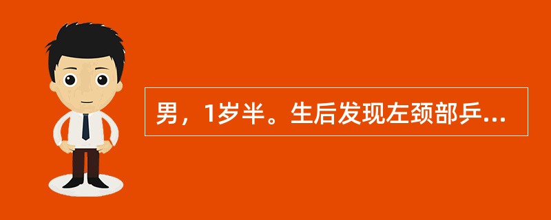 男，1岁半。生后发现左颈部乒乓球大小软块，无痛，入院前2天感冒低热，左颈部包块突