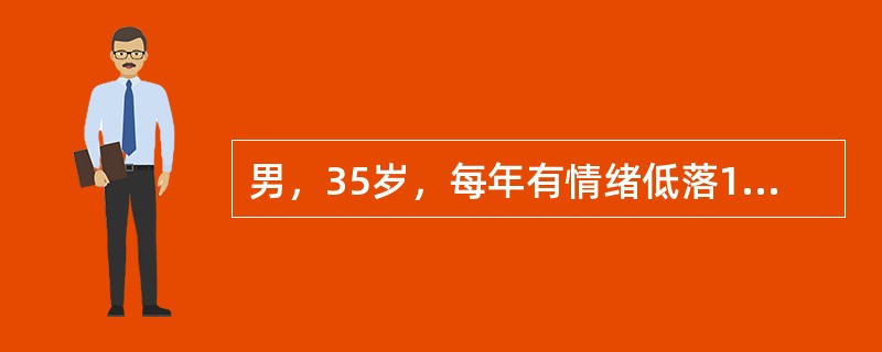 男，35岁，每年有情绪低落1-2个月。情绪低落严重时有厌世及自杀行为。近来又出现