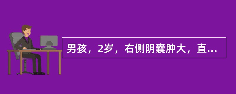 男孩，2岁，右侧阴囊肿大，直立时阴囊肿大明显，平卧时消失，阴囊光滑如水晶，透光试