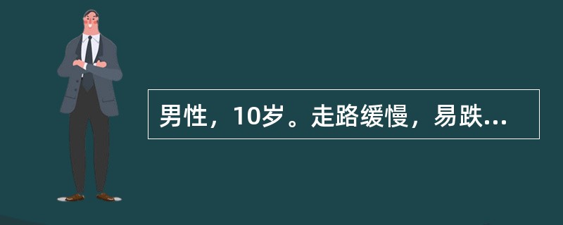 男性，10岁。走路缓慢，易跌伴肌肉萎缩5年就诊。体检：鸭步，见Gower现象，肌