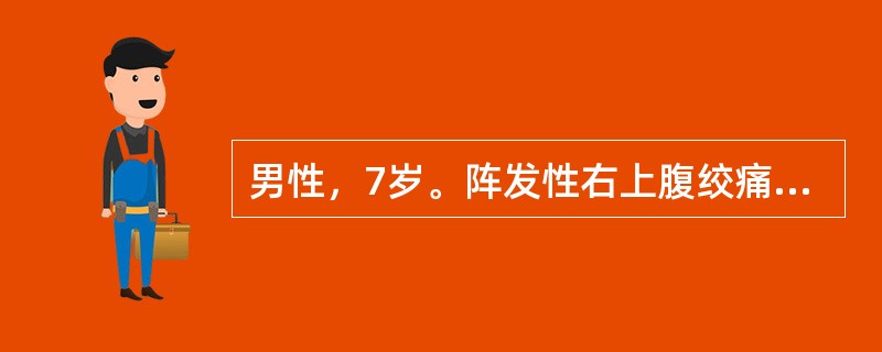 男性，7岁。阵发性右上腹绞痛，伴呕吐，发作间歇期症状完全消失。查：体温37.2℃