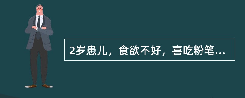 2岁患儿，食欲不好，喜吃粉笔，烦躁不安，皮肤黏膜苍白，肝脾淋巴结轻度大，血红蛋白