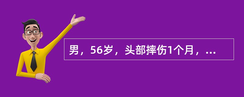 男，56岁，头部摔伤1个月，头痛、呕吐3天，CT示右颞顶新月形等密度病灶，中线轻