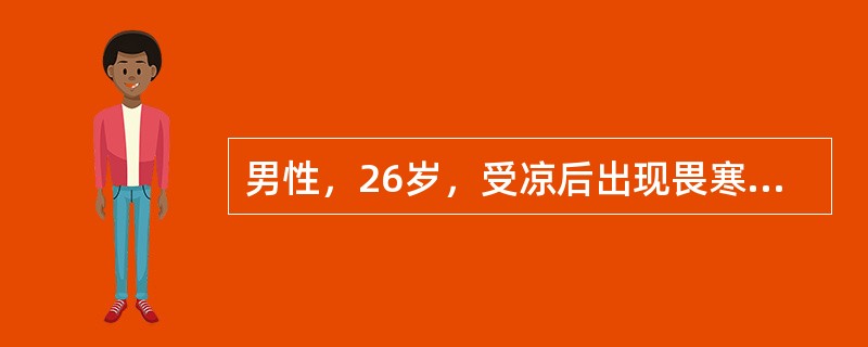 男性，26岁，受凉后出现畏寒，体温39℃，伴左侧胸痛，咳少量白痰。胸透示左下肺野