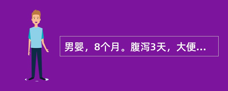 男婴，8个月。腹泻3天，大便10余次/日，蛋花汤样伴少量粘液，呕吐4～5次/日。