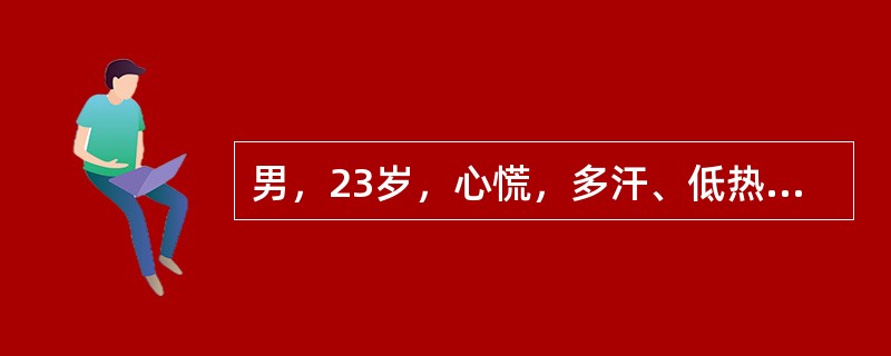 男，23岁，心慌，多汗、低热1周。查体：甲状腺左叶肿大、触痛、质硬。血FT及FT