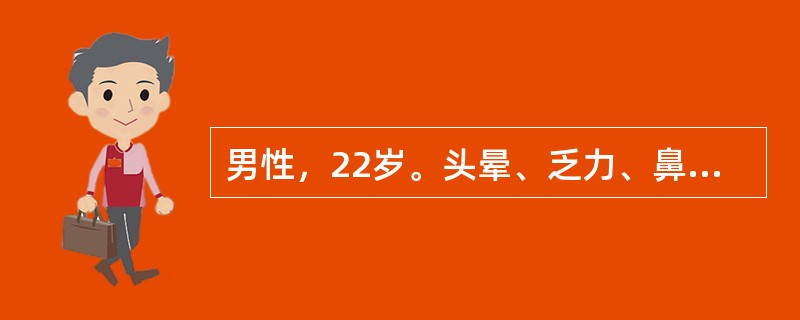 男性，22岁。头晕、乏力、鼻出血伴牙龈出血1周来诊。化验：Hb85g／L，WBC