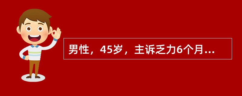 男性，45岁，主诉乏力6个月，伴左上腹饱胀感。体检：浅表淋巴结未及，肝未及，脾肋