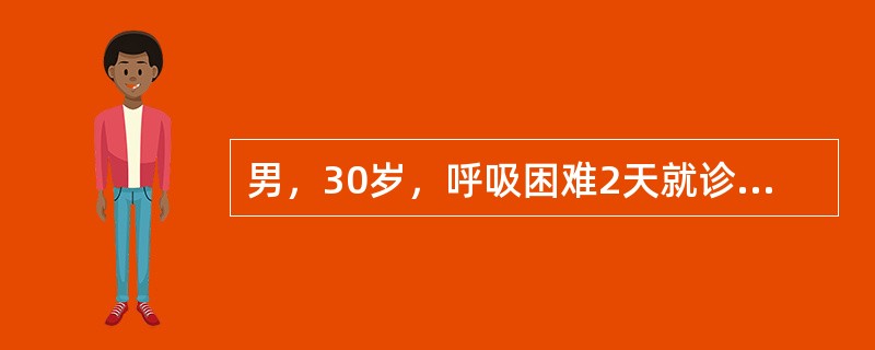 男，30岁，呼吸困难2天就诊，发作前有鼻痒，喷嚏。既往有类似病史。体检：呼吸26