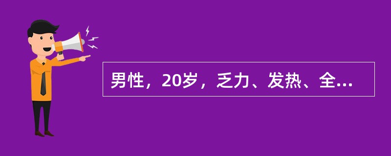 男性，20岁，乏力、发热、全身痛，皮肤淤斑半月余，查：贫血貌，体温38℃，心肺（