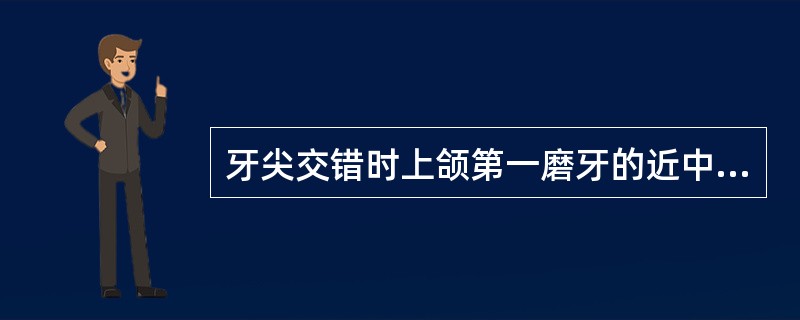 牙尖交错时上颌第一磨牙的近中舌尖咬合在（）