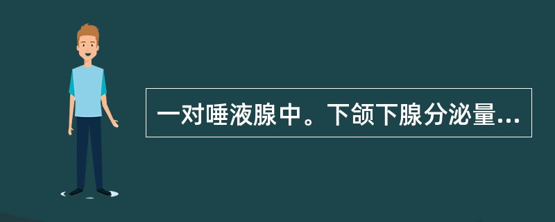 一对唾液腺中。下颌下腺分泌量约占总量的（）