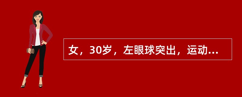 女，30岁，左眼球突出，运动障碍7个月。CT平扫示左肌锥内有稍高密度不规则块影。