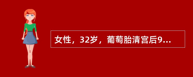 女性，32岁，葡萄胎清宫后9个月，阴道不规则流血10天，咳嗽、血痰5天，及一过性