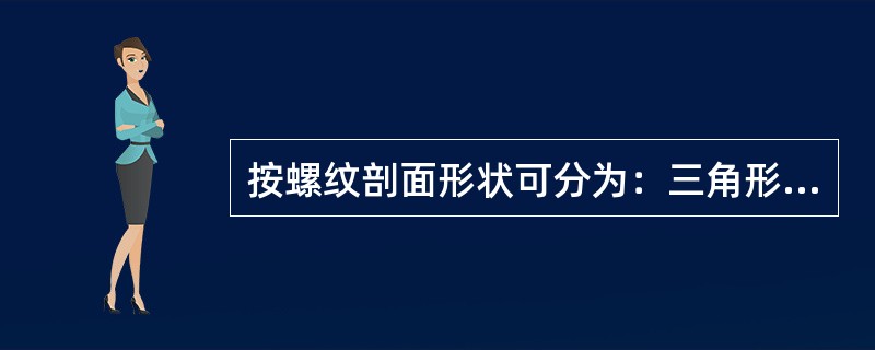 按螺纹剖面形状可分为：三角形螺纹、矩形螺纹、梯形螺纹、半圆形螺纹和锯齿形螺纹。