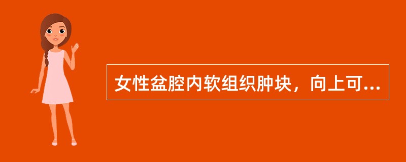 女性盆腔内软组织肿块，向上可达下腹部，肿块为囊实性，不规则，部分可钙化，肿块与子