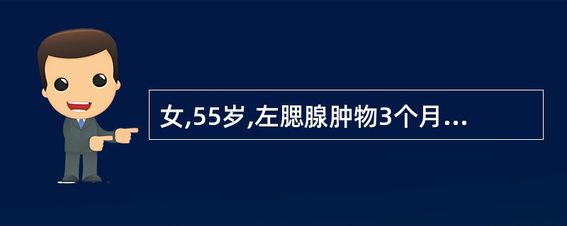 女,55岁,左腮腺肿物3个月,生长较快,腮腺造影表现为腺泡不规则充盈缺损,造影剂
